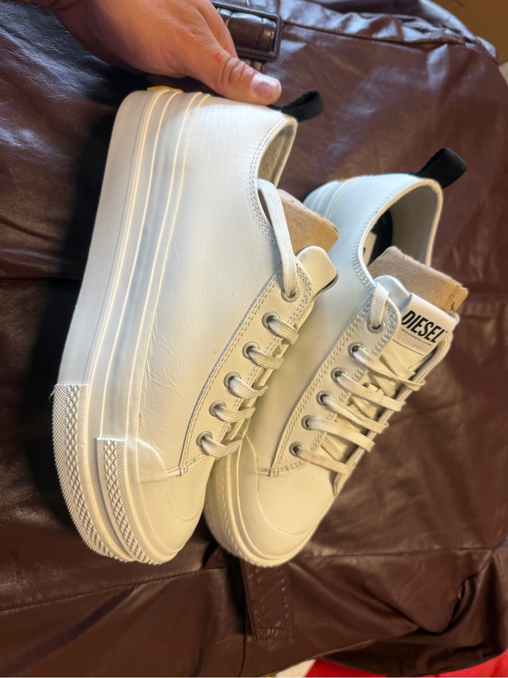 Diesel White Platform Sneakers with Tan Accent and Black Heel Loop